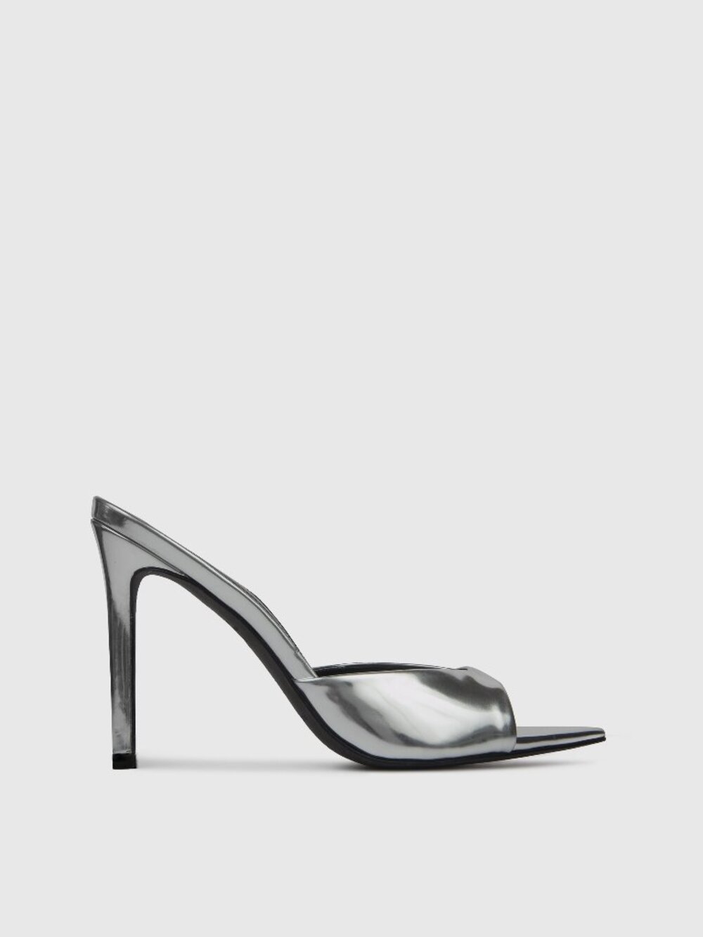 BLACK SUEDE STUDIO Brea Mule in Silver Mirror Metallic high heel open toe